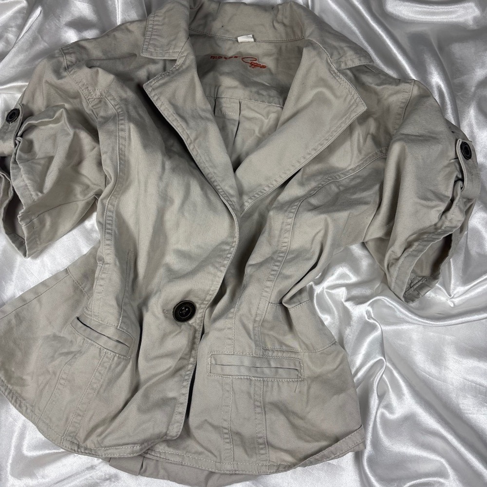 y2k Blazer Khaki Excellent Riders Copper Short Sleeve Button Tab Jacket XL - Picture 2 of 4